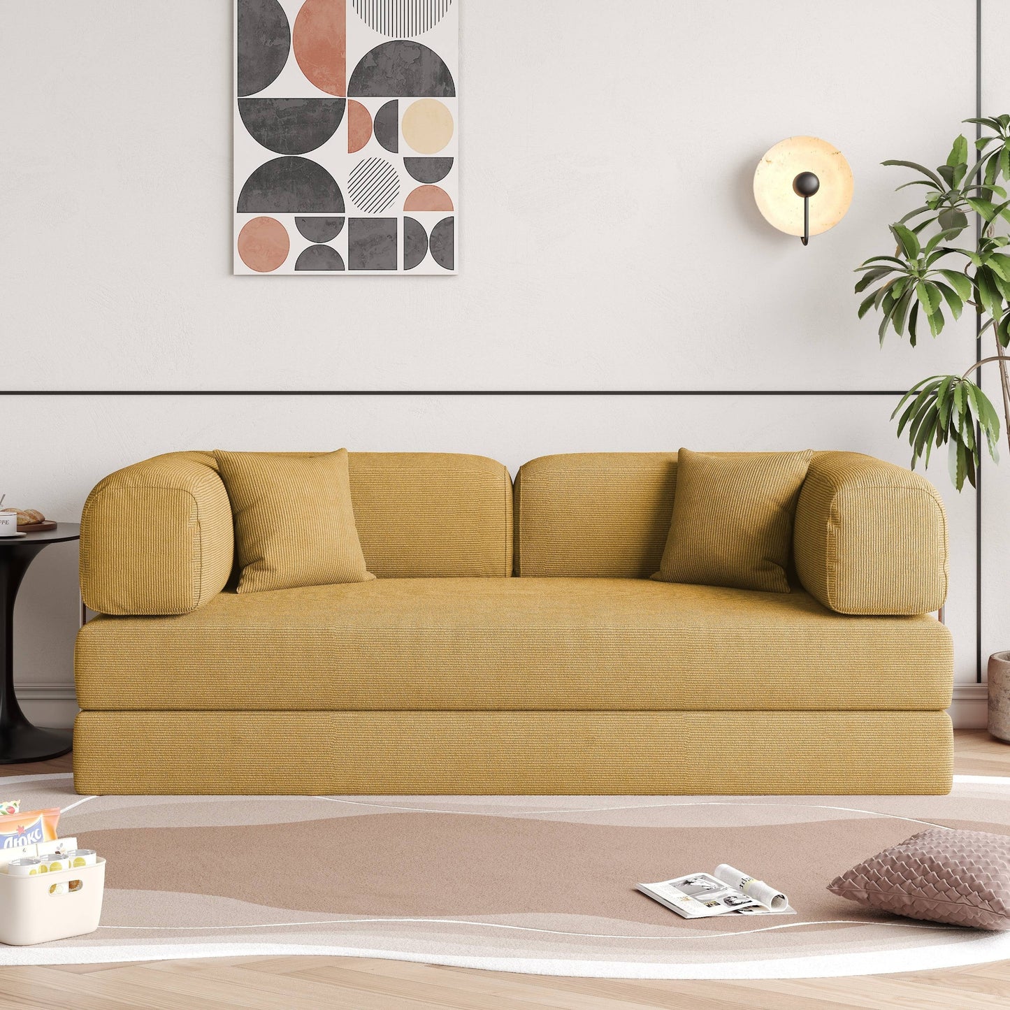 Romision Round Arm Corduroy Fabric Convertible Sleeper Rectangle Sofa