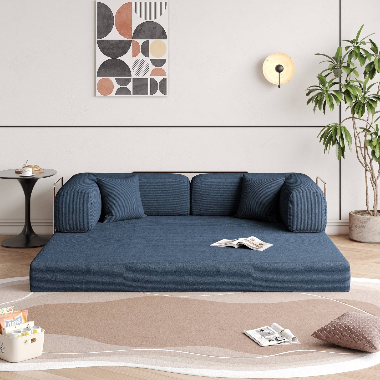 Romision Round Arm Corduroy Fabric Convertible Sleeper Rectangle Sofa