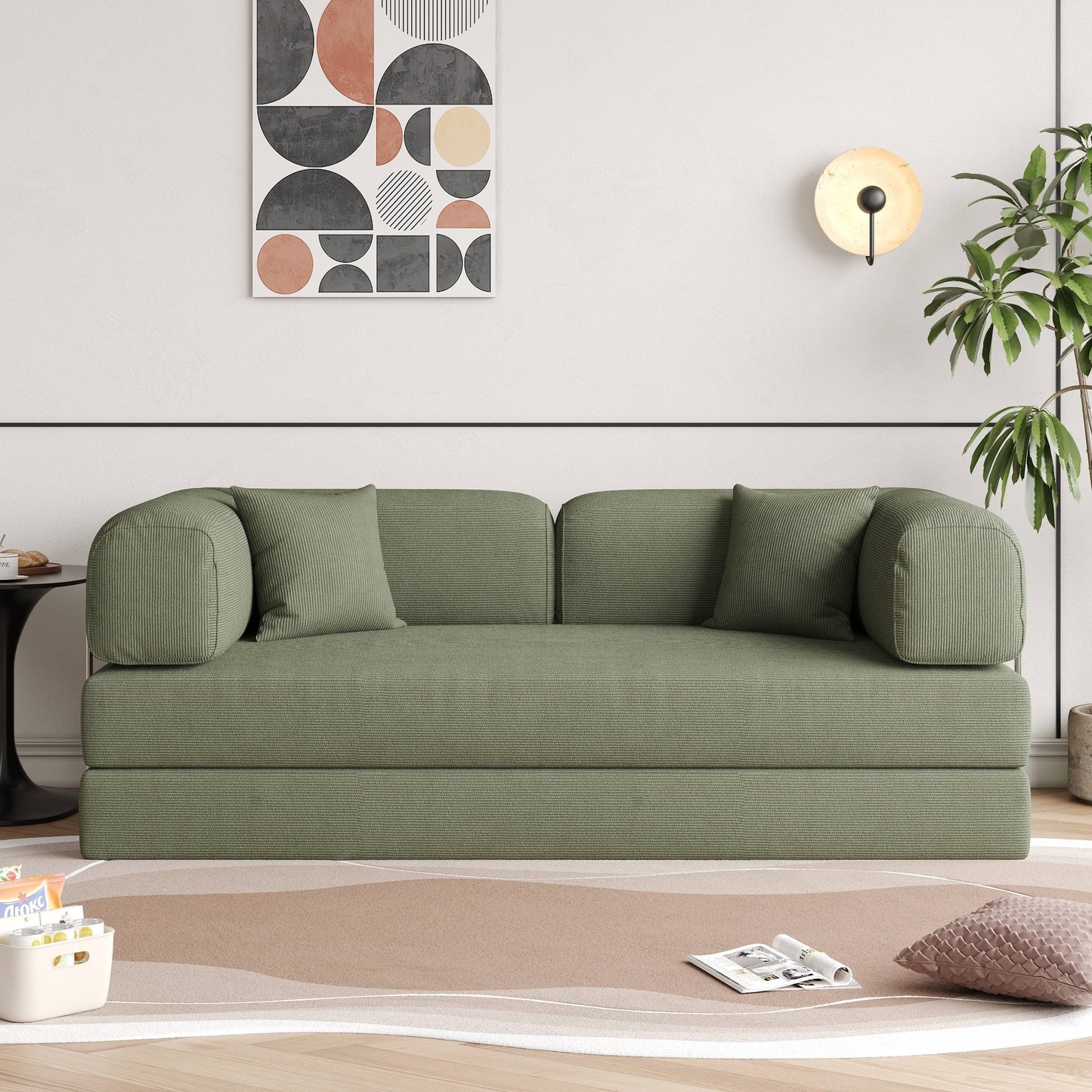 Romision Round Arm Corduroy Fabric Convertible Sleeper Rectangle Sofa