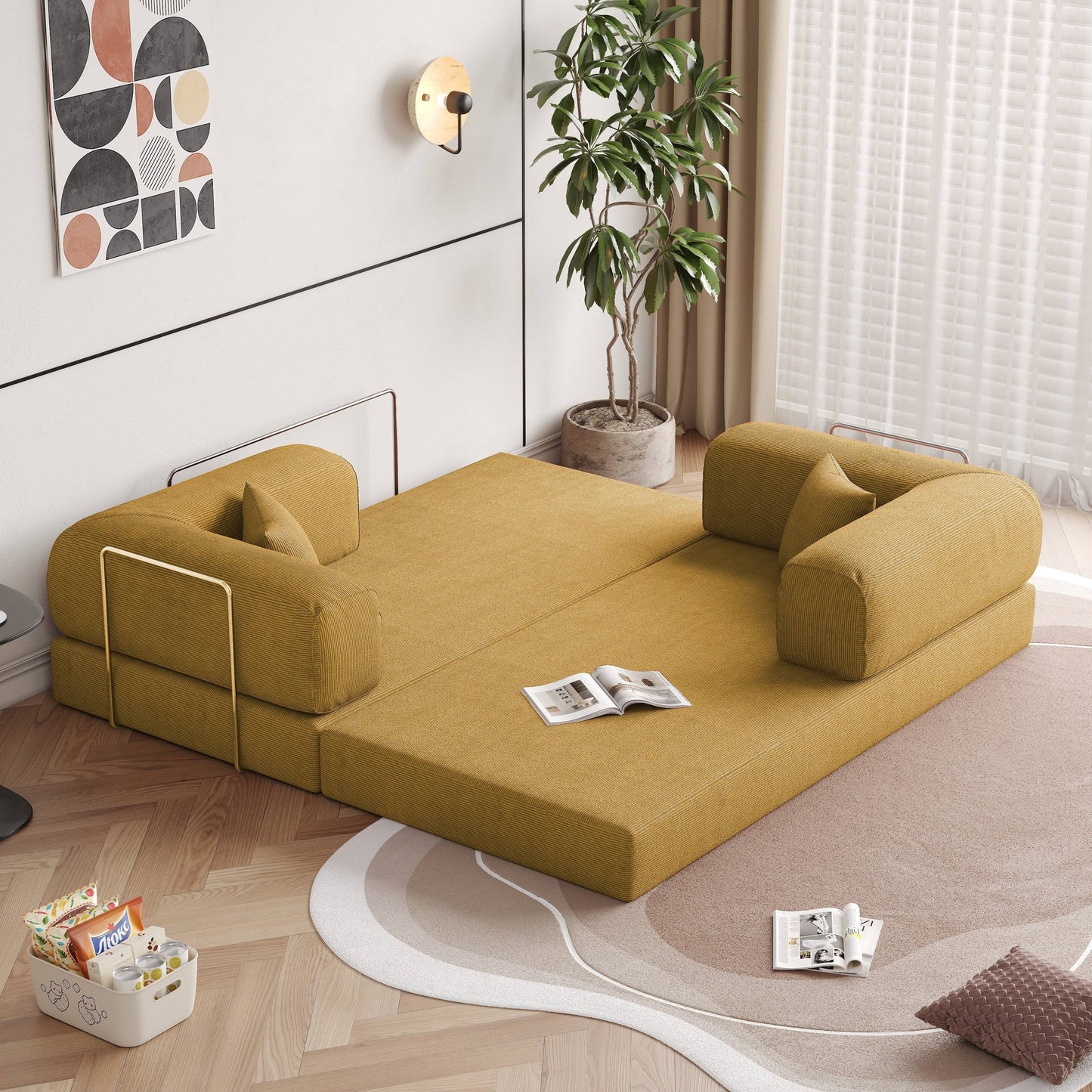 Romision Round Arm Corduroy Fabric Convertible Sleeper Rectangle Sofa