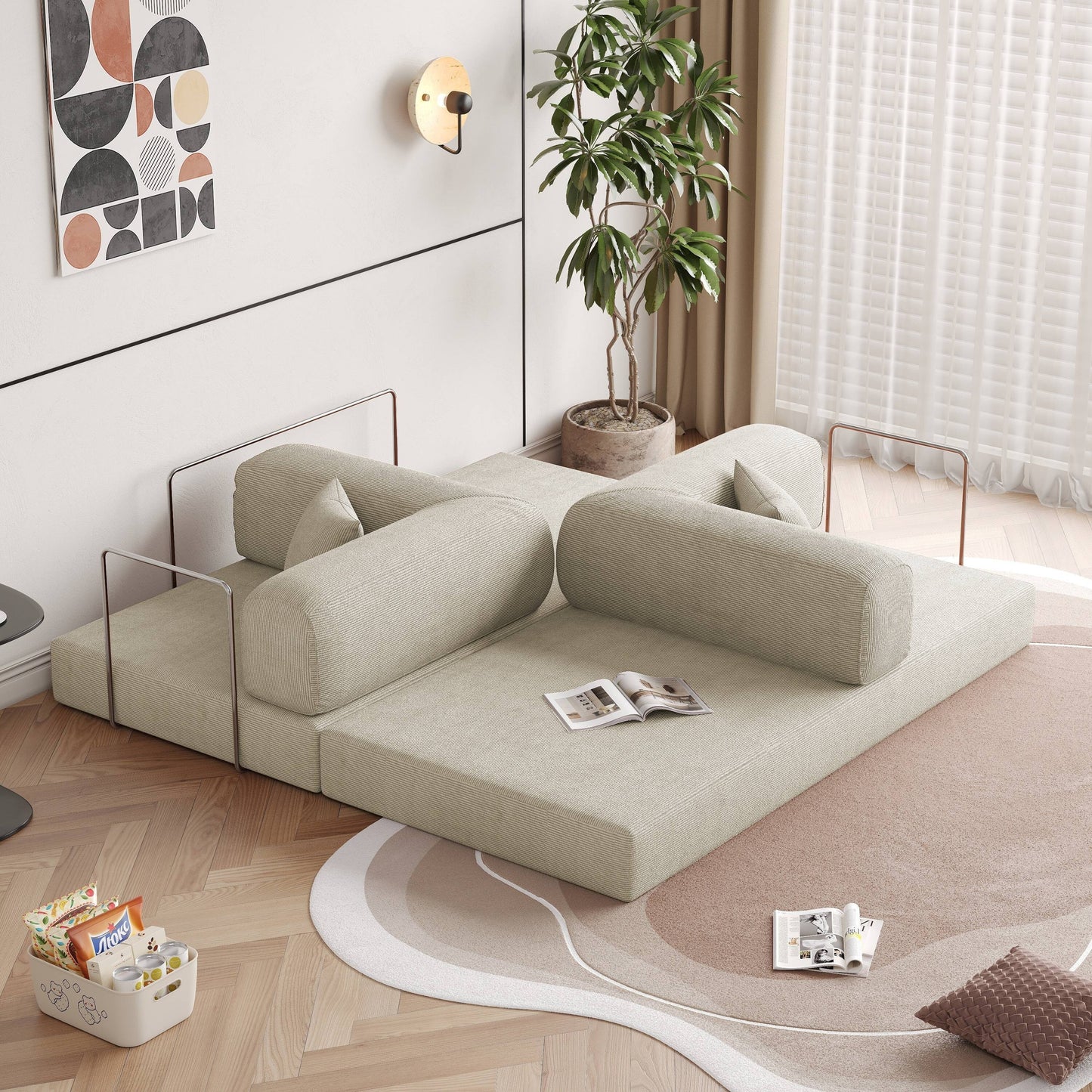 Romision Round Arm Corduroy Fabric Convertible Sleeper Rectangle Sofa