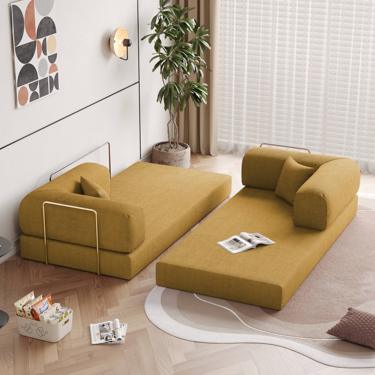 Romision Round Arm Corduroy Fabric Convertible Sleeper Rectangle Sofa