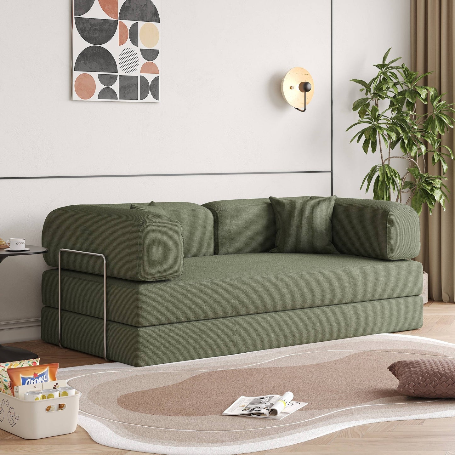 Romision Round Arm Corduroy Fabric Convertible Sleeper Rectangle Sofa