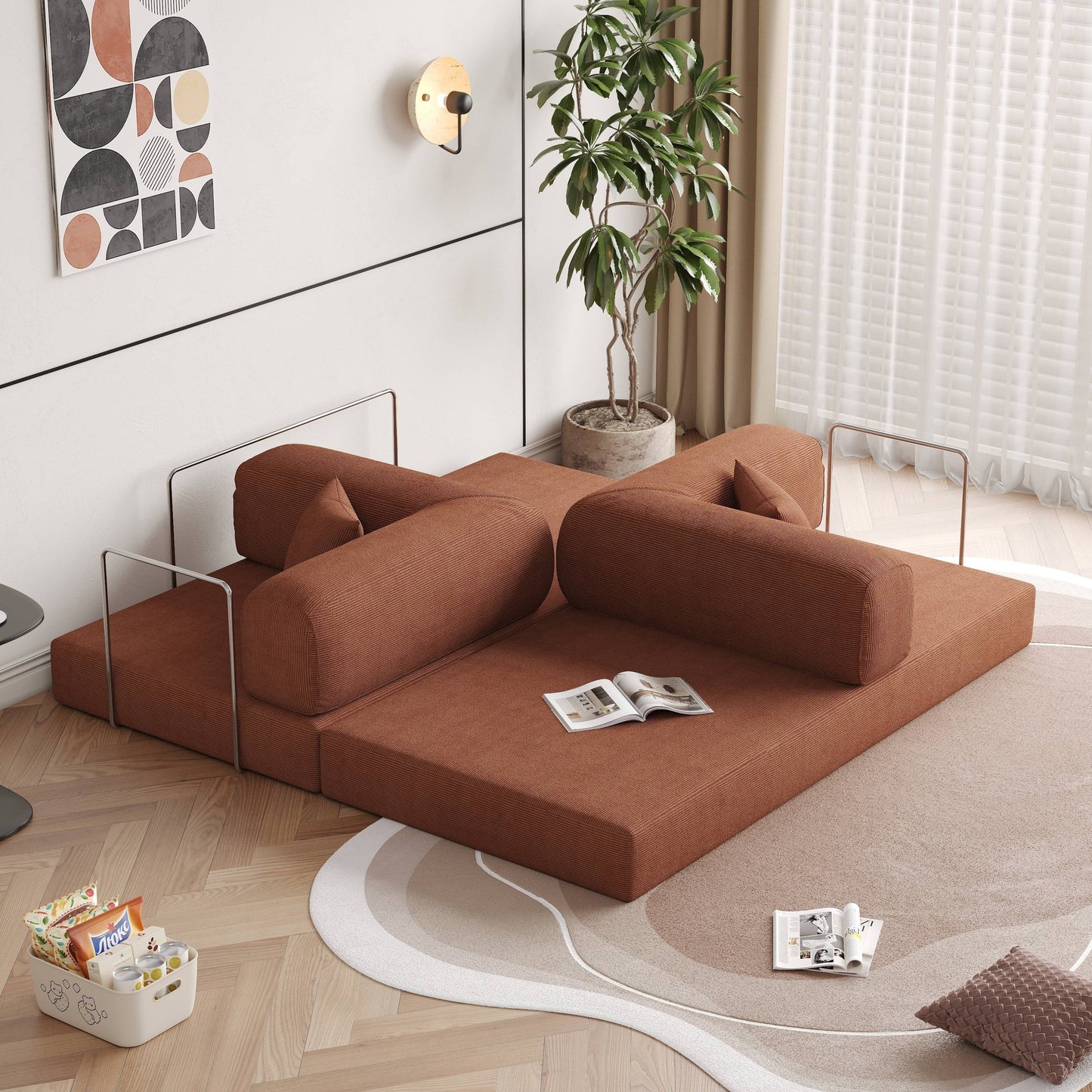 Romision Round Arm Corduroy Fabric Convertible Sleeper Rectangle Sofa