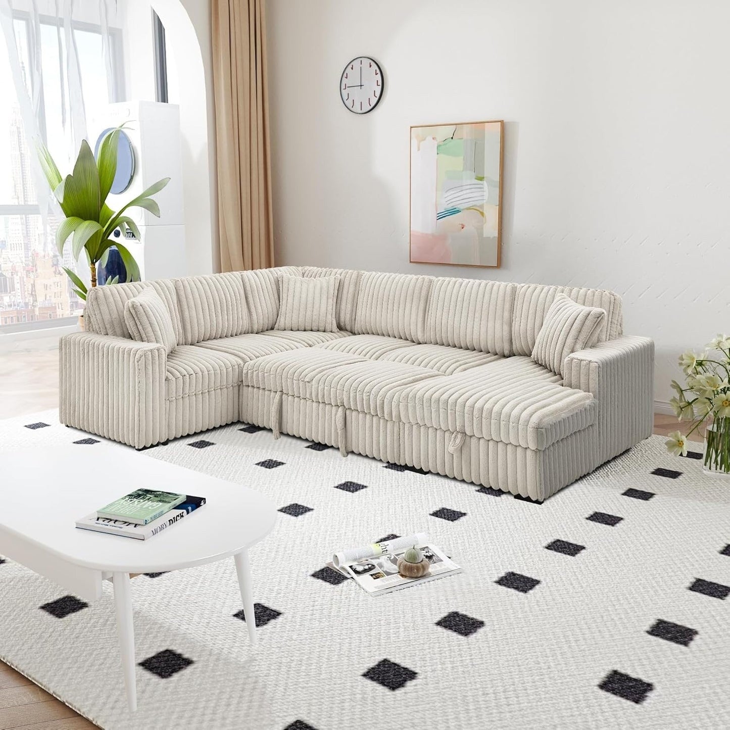 Roomfitters 122 Inch Pull Out Couch, Plush Fabric Sofa Bed, Comfy Upholstered, Oversized U Shape Sectional Sleeper Sofa Bed
