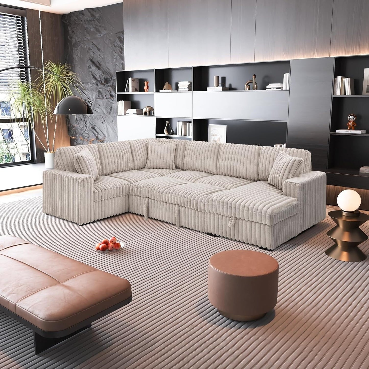 Roomfitters 122 Inch Pull Out Couch, Plush Fabric Sofa Bed, Comfy Upholstered, Oversized U Shape Sectional Sleeper Sofa Bed
