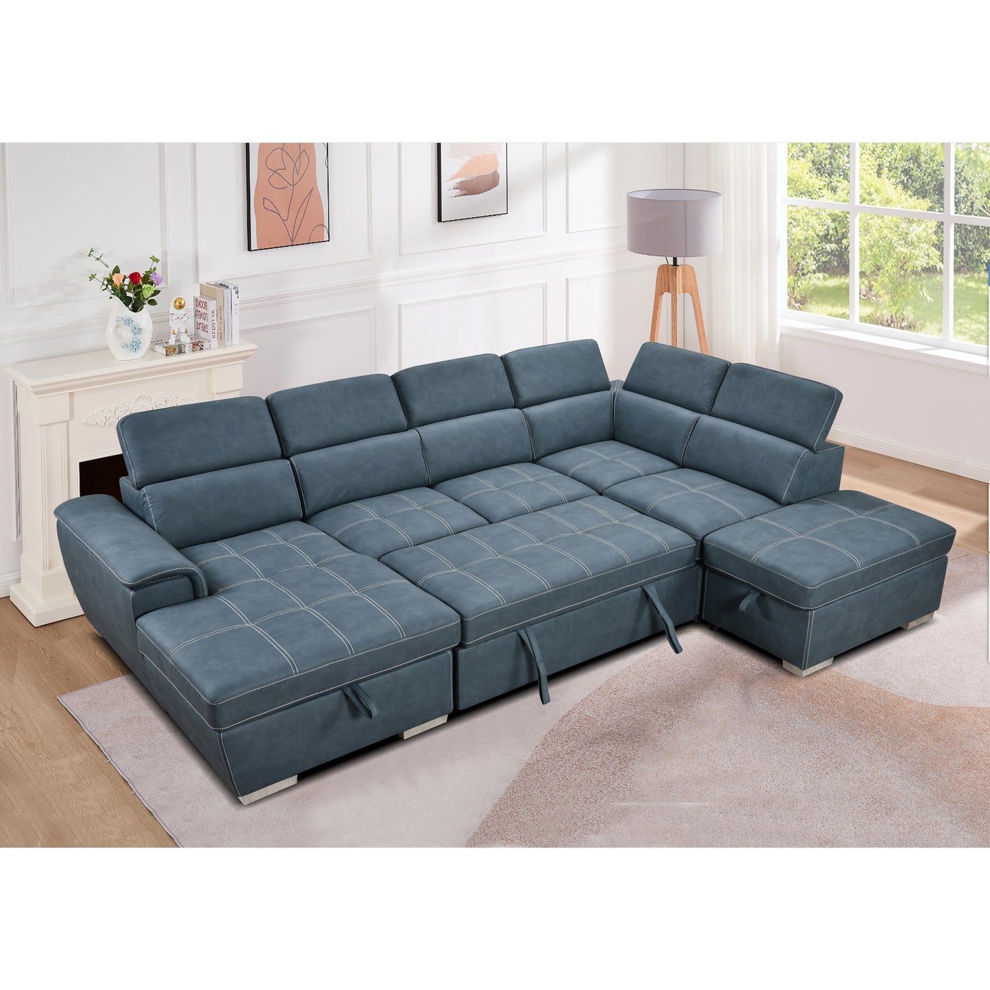 Roomfitters 128 U-Shaped Sectional Couch with Ottomans, Reversible Modular Sofa 7-Seater Couch with Storage Seat