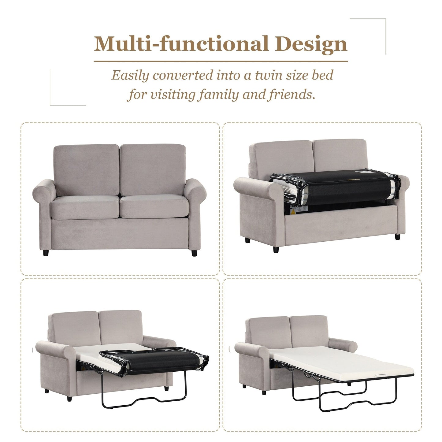 Roomfitters 2-in-1 Pull-Out Sofa Bed with Premium Twin Mattress Pad, USB Ports, and Space-Saving Design for Living Room