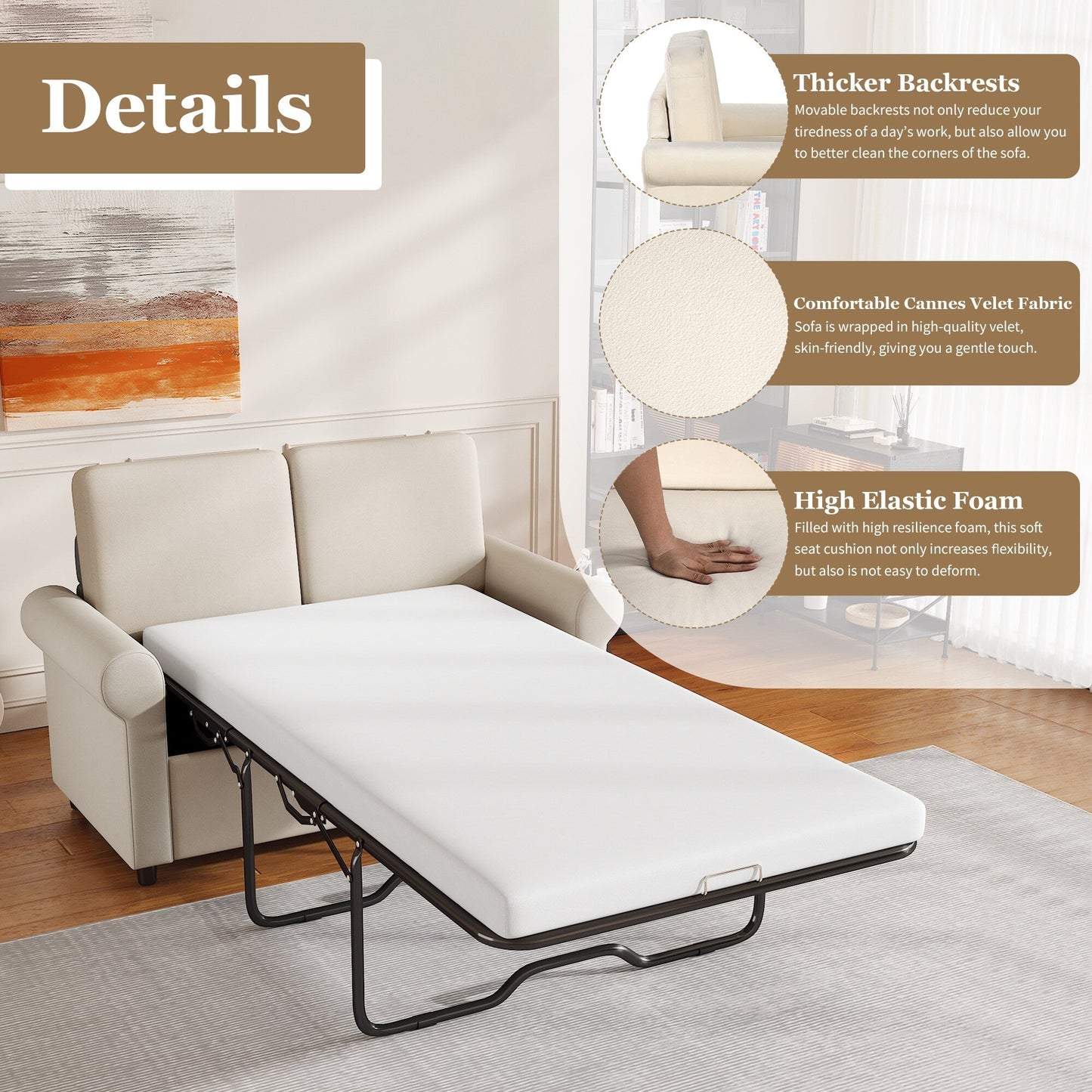 Roomfitters 2-in-1 Pull-Out Sofa Bed with Premium Twin Mattress Pad, USB Ports, and Space-Saving Design for Living Room