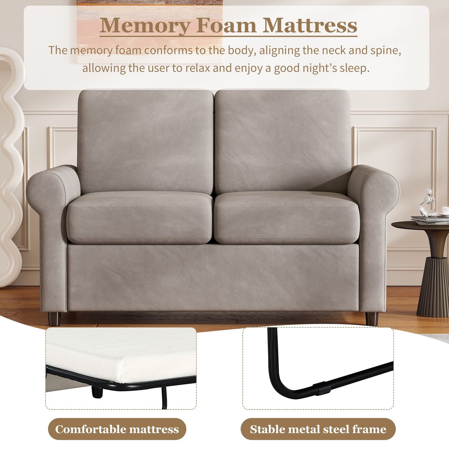Roomfitters 2-in-1 Pull-Out Sofa Bed with Premium Twin Mattress Pad, USB Ports, and Space-Saving Design for Living Room