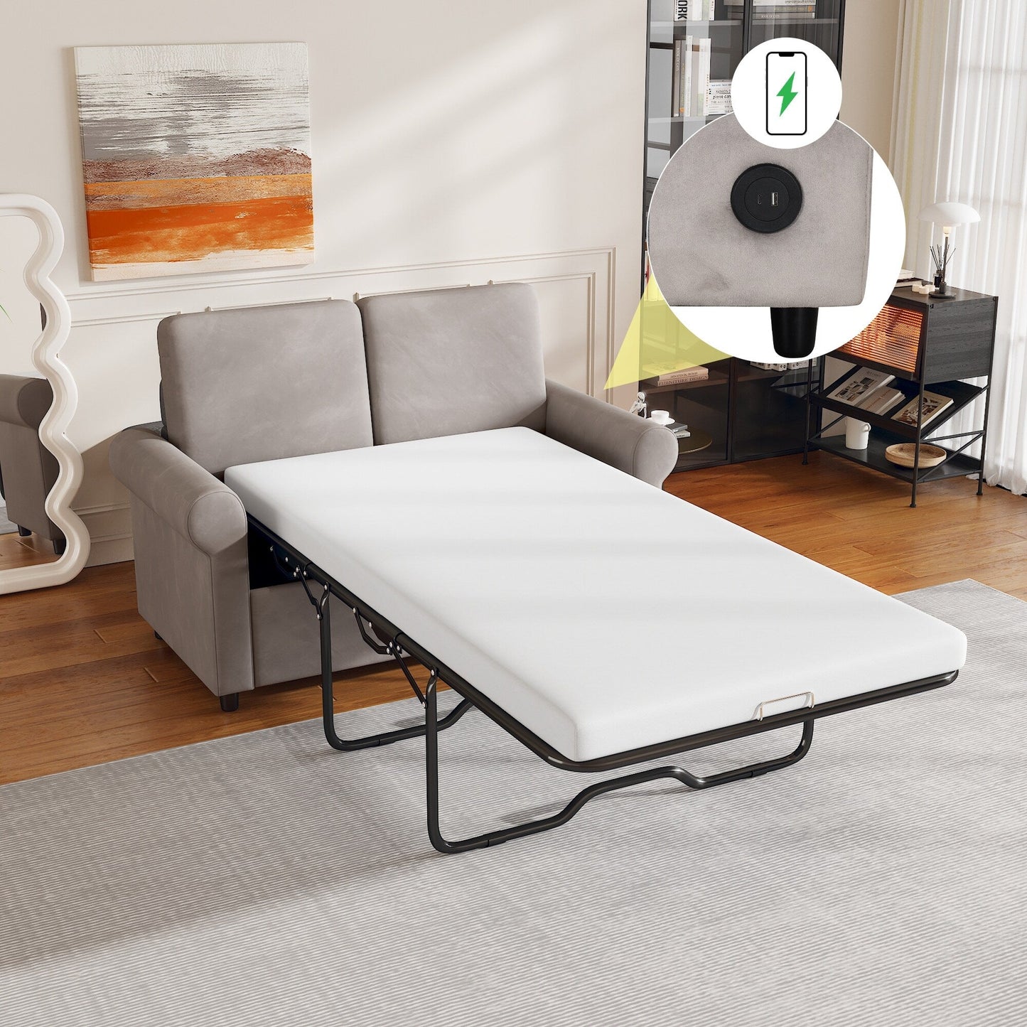 Roomfitters 2-in-1 Pull-Out Sofa Bed with Premium Twin Mattress Pad, USB Ports, and Space-Saving Design for Living Room