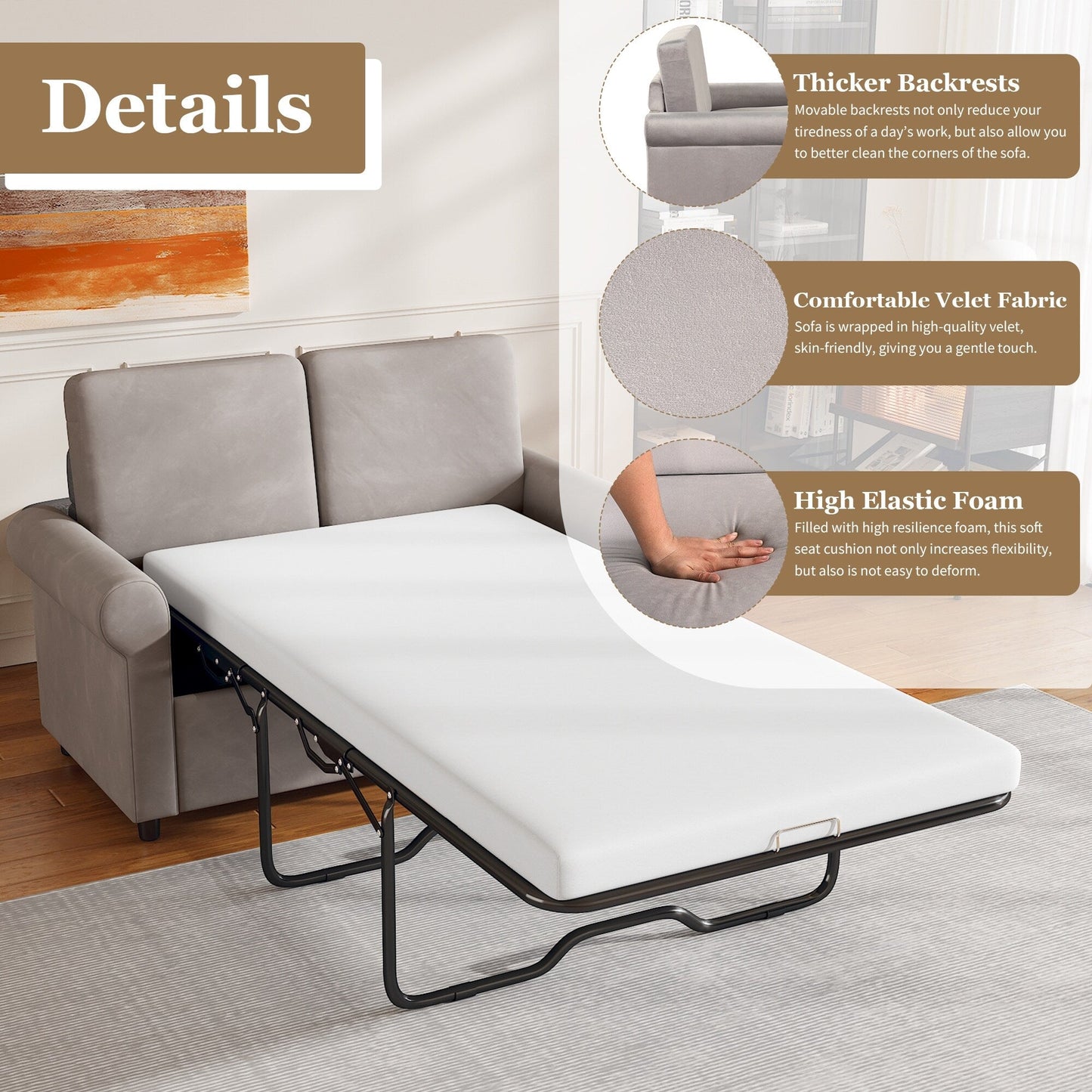 Roomfitters 2-in-1 Pull-Out Sofa Bed with Premium Twin Mattress Pad, USB Ports, and Space-Saving Design for Living Room