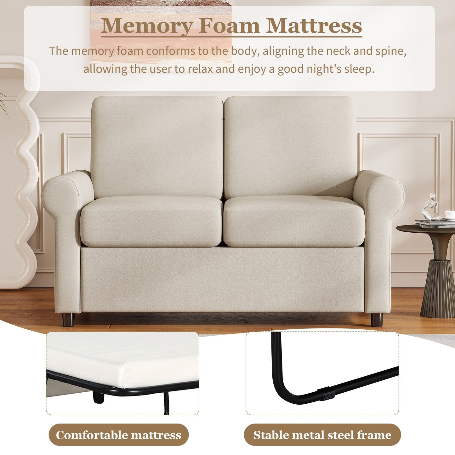 Roomfitters 2-in-1 Pull-Out Sofa Bed with Premium Twin Mattress Pad, USB Ports, and Space-Saving Design for Living Room