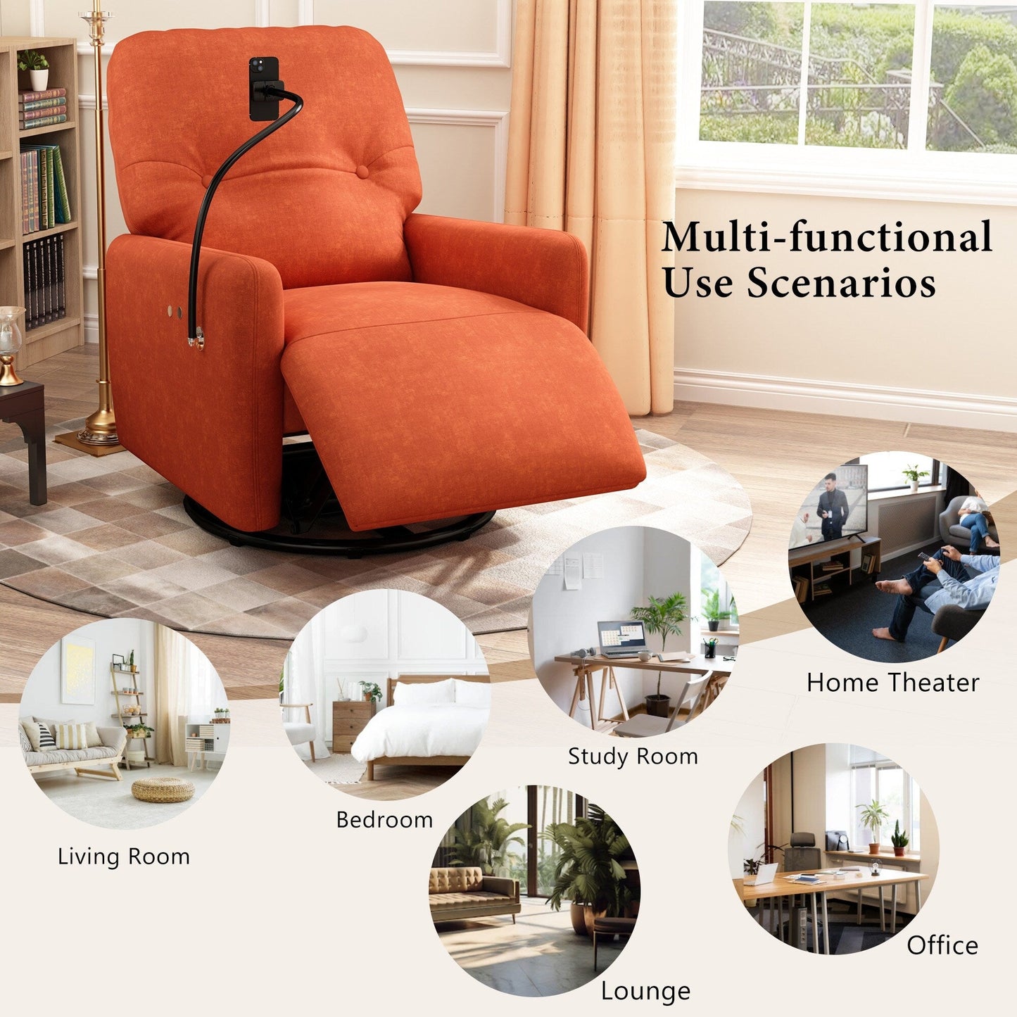 Roomfitters 270 Degree Swivel Electric Recliner Home Theater Seating Single Reclining Sofa Rocking Motion Recliner