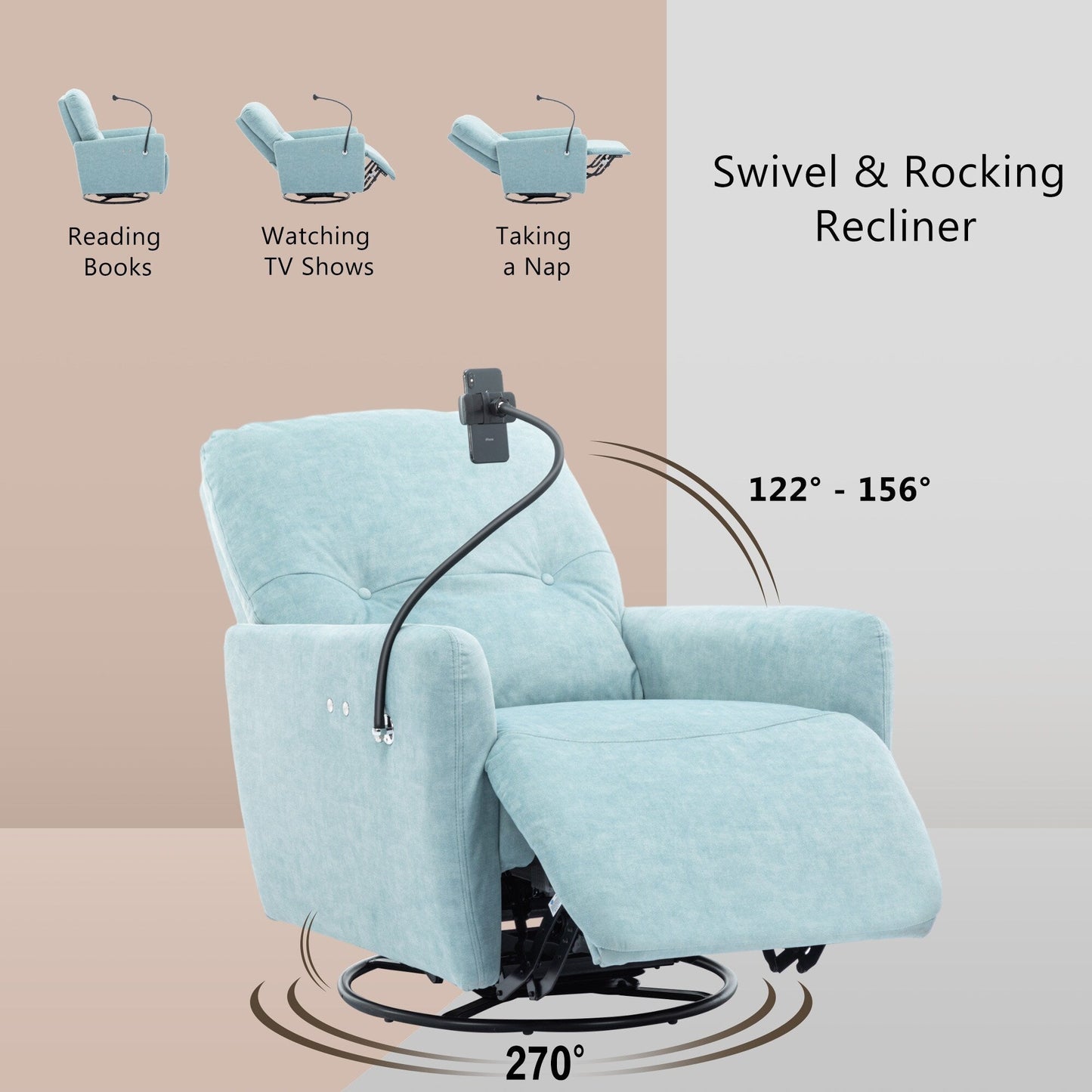 Roomfitters 270 Degree Swivel Electric Recliner Home Theater Seating Single Reclining Sofa Rocking Motion Recliner