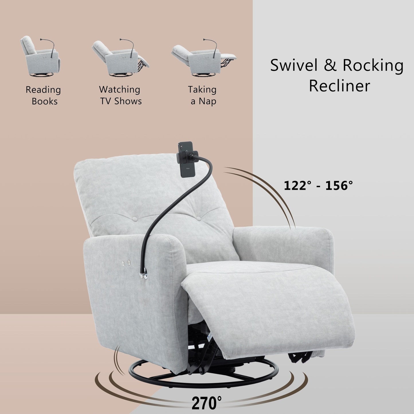Roomfitters 270 Degree Swivel Electric Recliner Home Theater Seating Single Reclining Sofa Rocking Motion Recliner