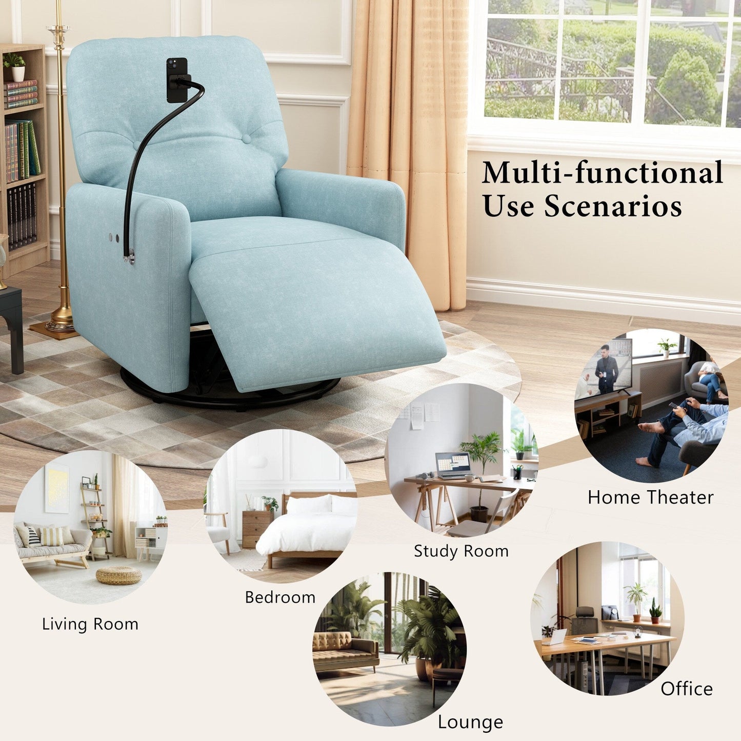 Roomfitters 270 Degree Swivel Electric Recliner Home Theater Seating Single Reclining Sofa Rocking Motion Recliner