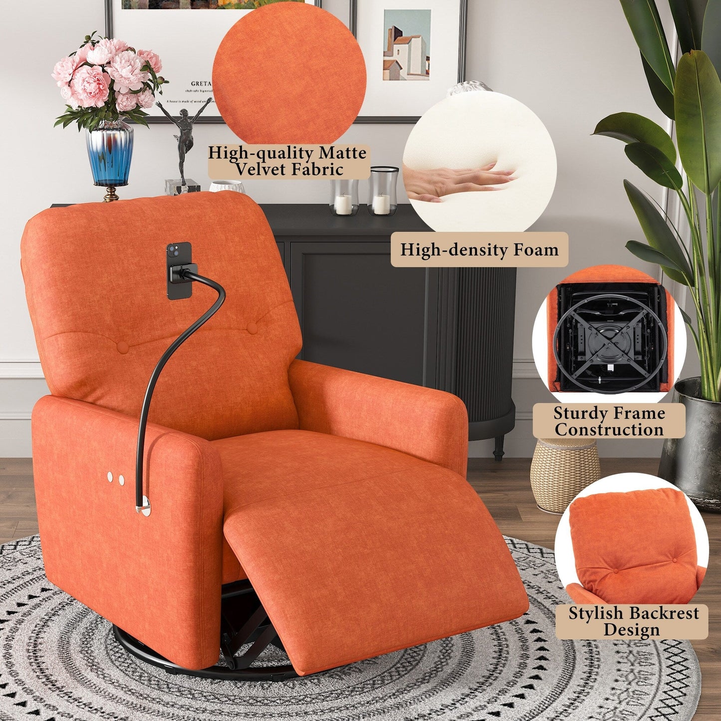 Roomfitters 270 Degree Swivel Electric Recliner Home Theater Seating Single Reclining Sofa Rocking Motion Recliner