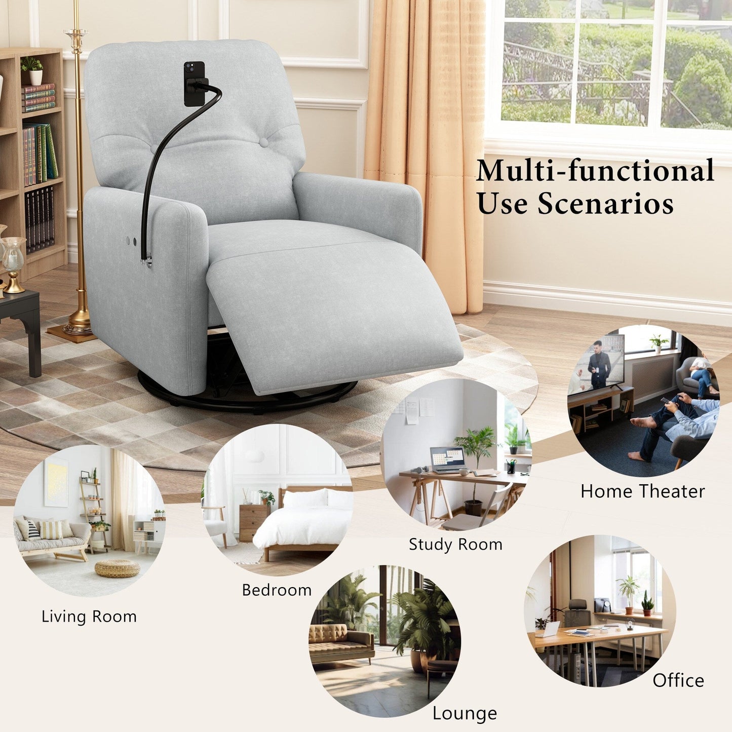 Roomfitters 270 Degree Swivel Electric Recliner Home Theater Seating Single Reclining Sofa Rocking Motion Recliner