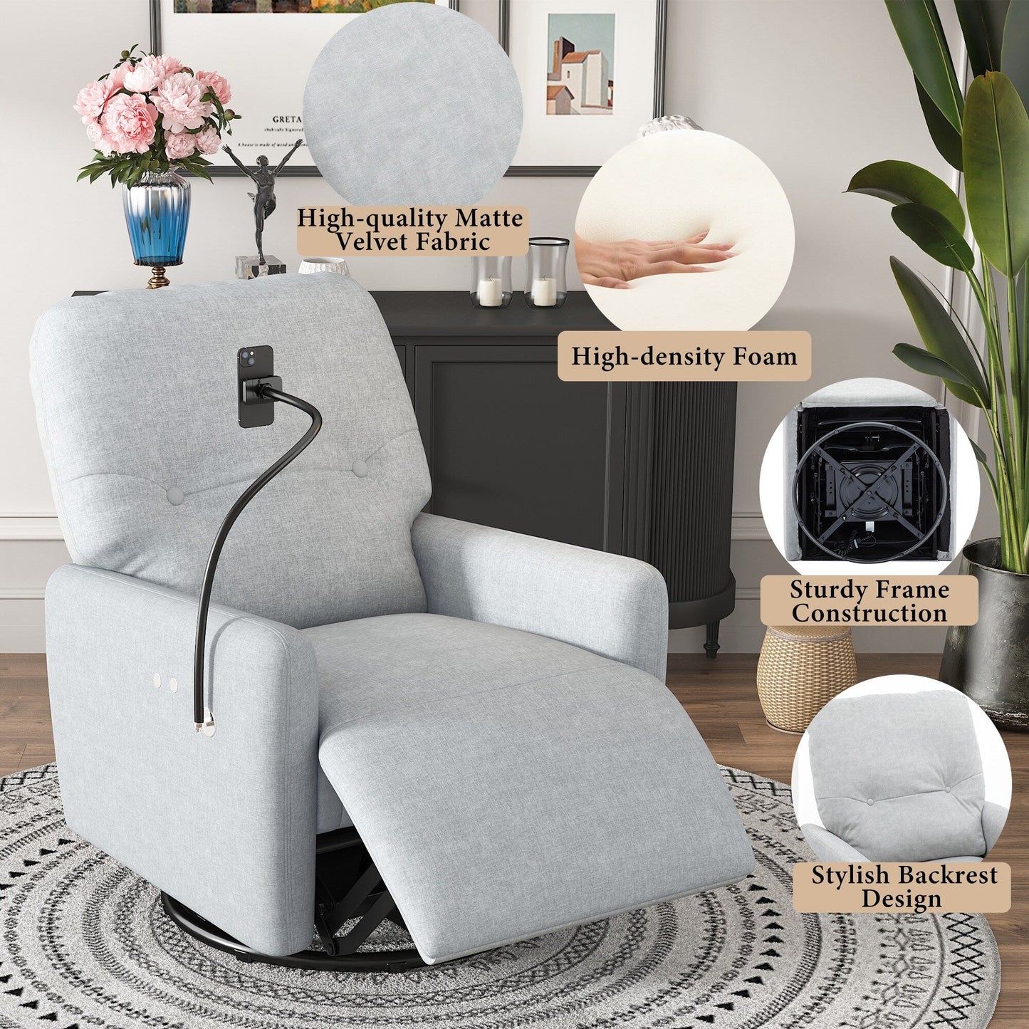 Roomfitters 270 Degree Swivel Electric Recliner Home Theater Seating Single Reclining Sofa Rocking Motion Recliner