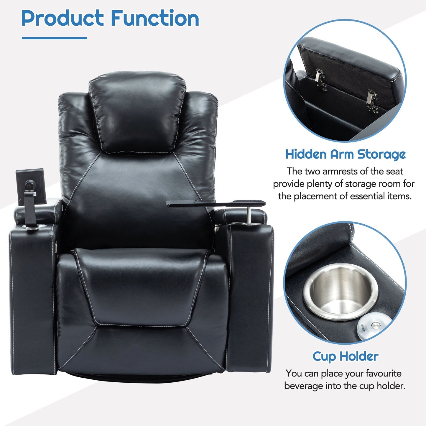 Roomfitters 270Â° Swivel PU Leather Power Recliner with Built-In Surround Sound, Removable Tray Table, Hidden Arm Storage