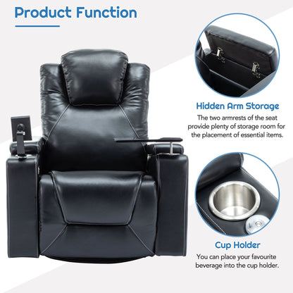 Roomfitters 270Â° Swivel PU Leather Power Recliner with Built-In Surround Sound, Removable Tray Table, Hidden Arm Storage