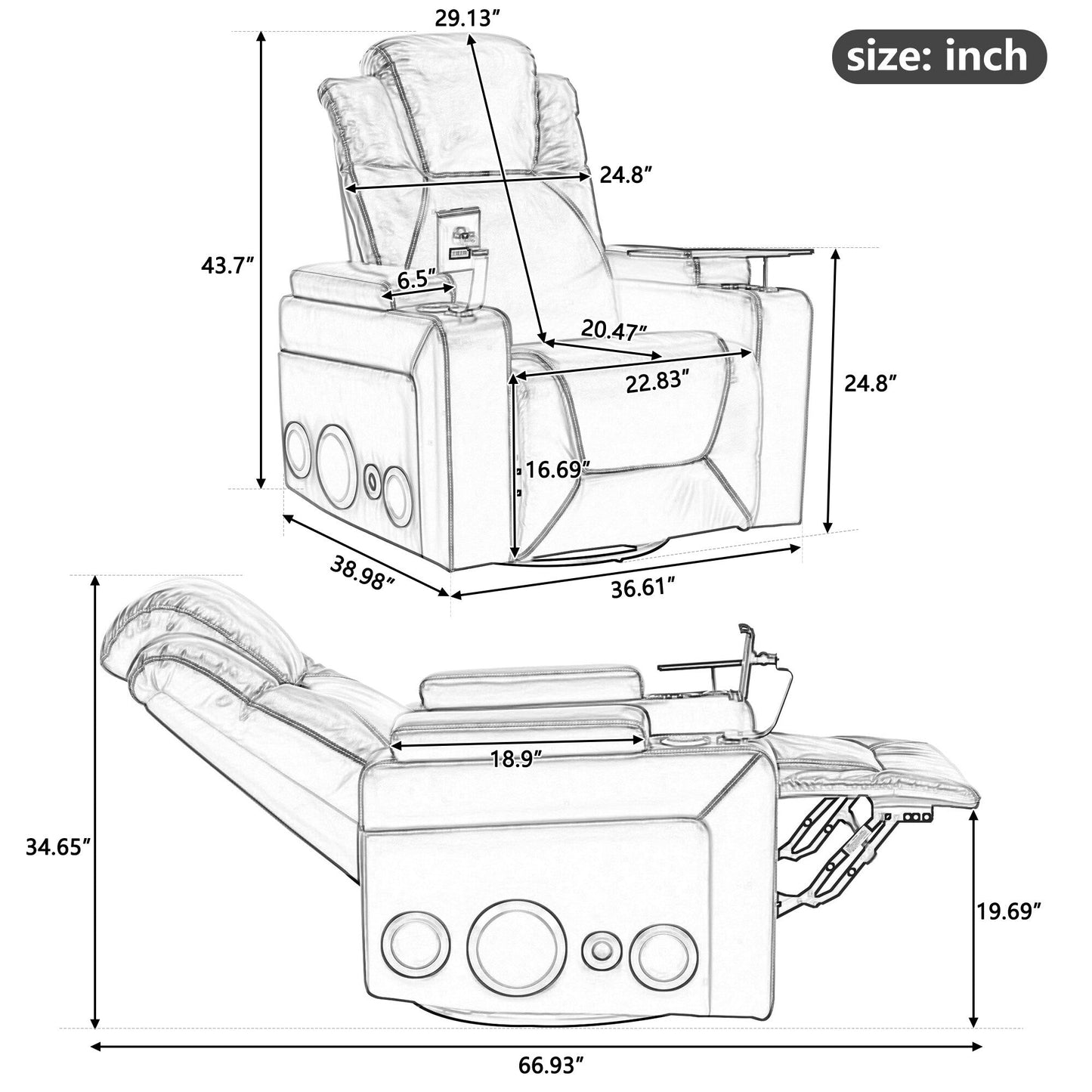 Roomfitters 270Â° Swivel PU Leather Power Recliner with Built-In Surround Sound, Removable Tray Table, Hidden Arm Storage