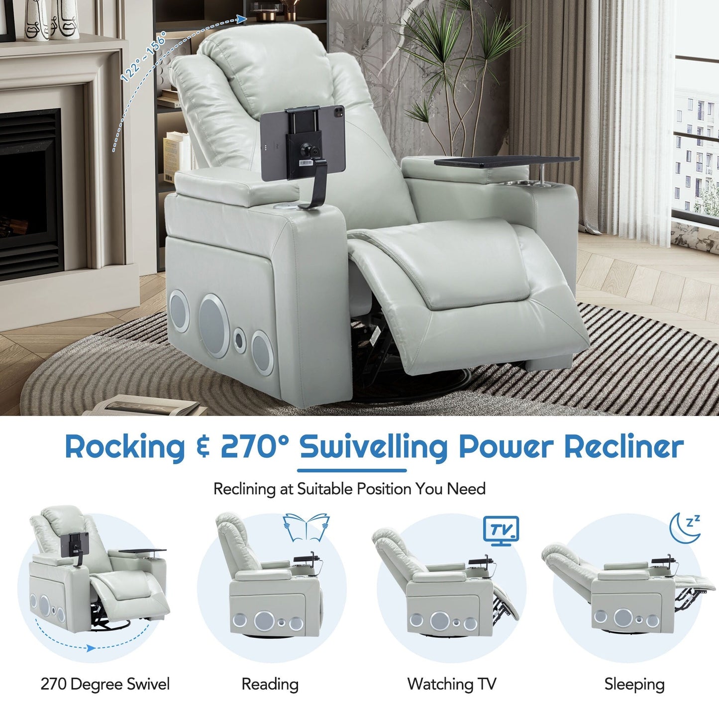 Roomfitters 270Â° Swivel PU Leather Power Recliner with Built-In Surround Sound, Removable Tray Table, Hidden Arm Storage