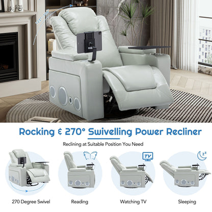 Roomfitters 270Â° Swivel PU Leather Power Recliner with Built-In Surround Sound, Removable Tray Table, Hidden Arm Storage