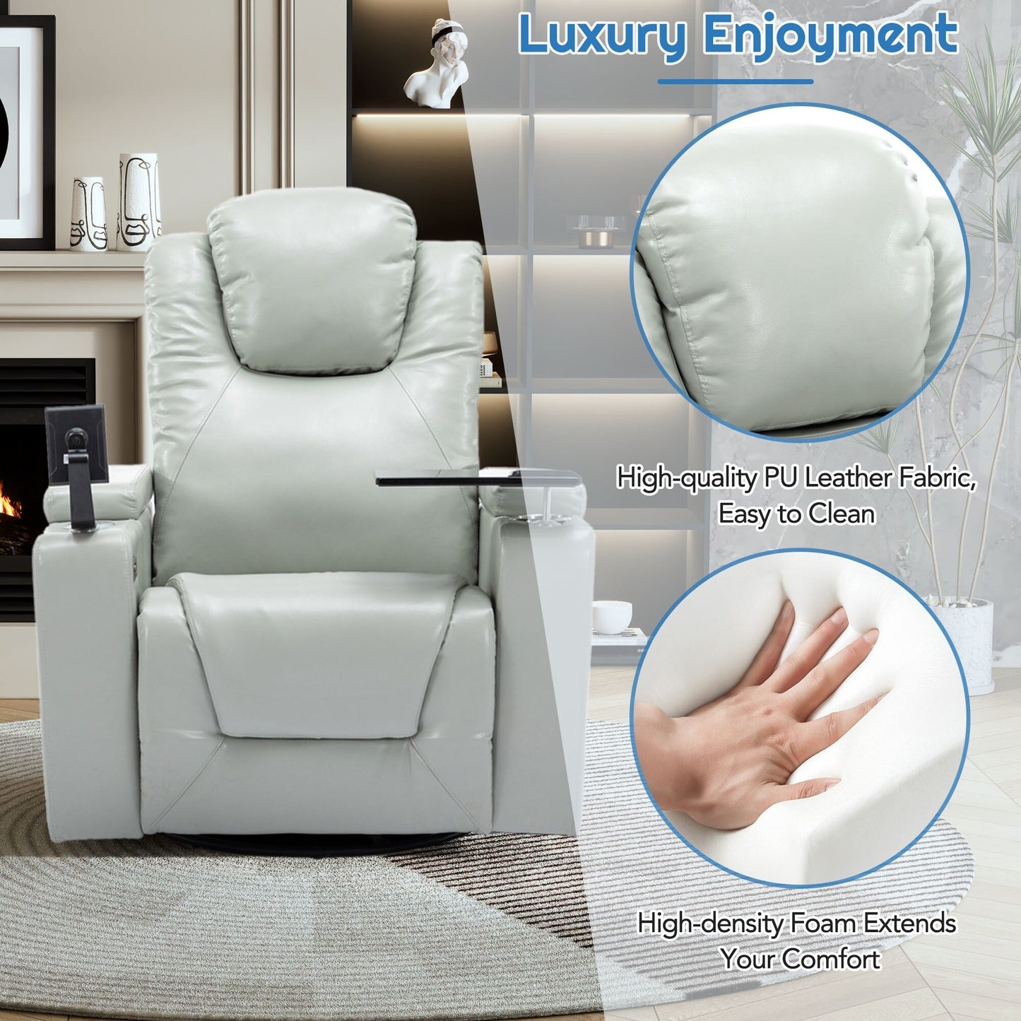 Roomfitters 270Â° Swivel PU Leather Power Recliner with Built-In Surround Sound, Removable Tray Table, Hidden Arm Storage