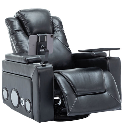 Roomfitters 270Â° Swivel PU Leather Power Recliner with Built-In Surround Sound, Removable Tray Table, Hidden Arm Storage