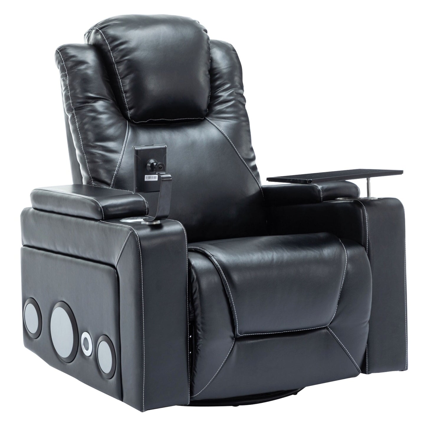 Roomfitters 270Â° Swivel PU Leather Power Recliner with Built-In Surround Sound, Removable Tray Table, Hidden Arm Storage