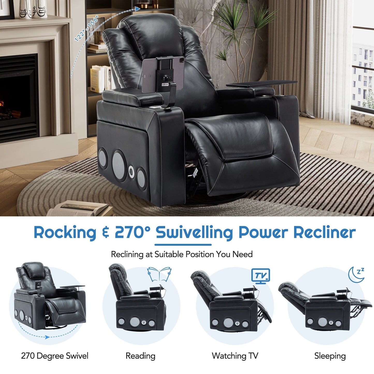Roomfitters 270Â° Swivel PU Leather Power Recliner with Built-In Surround Sound, Removable Tray Table, Hidden Arm Storage