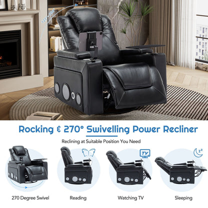 Roomfitters 270Â° Swivel PU Leather Power Recliner with Built-In Surround Sound, Removable Tray Table, Hidden Arm Storage