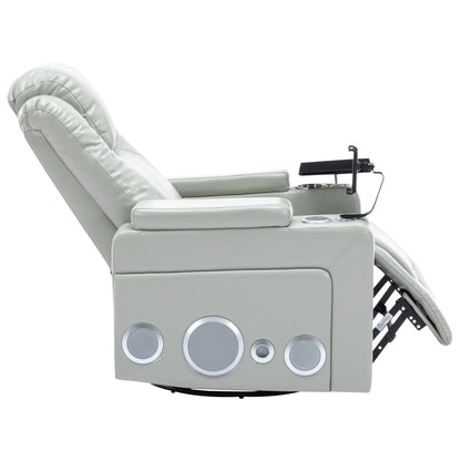 Roomfitters 270Â° Swivel PU Leather Power Recliner with Built-In Surround Sound, Removable Tray Table, Hidden Arm Storage