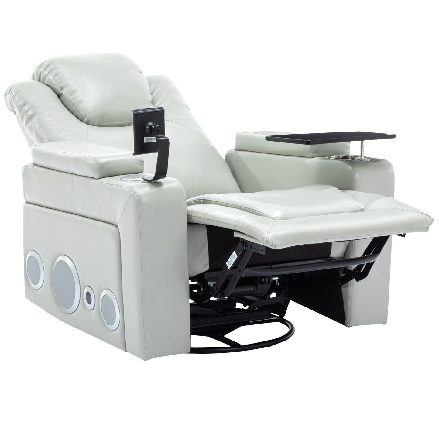 Roomfitters 270Â° Swivel PU Leather Power Recliner with Built-In Surround Sound, Removable Tray Table, Hidden Arm Storage