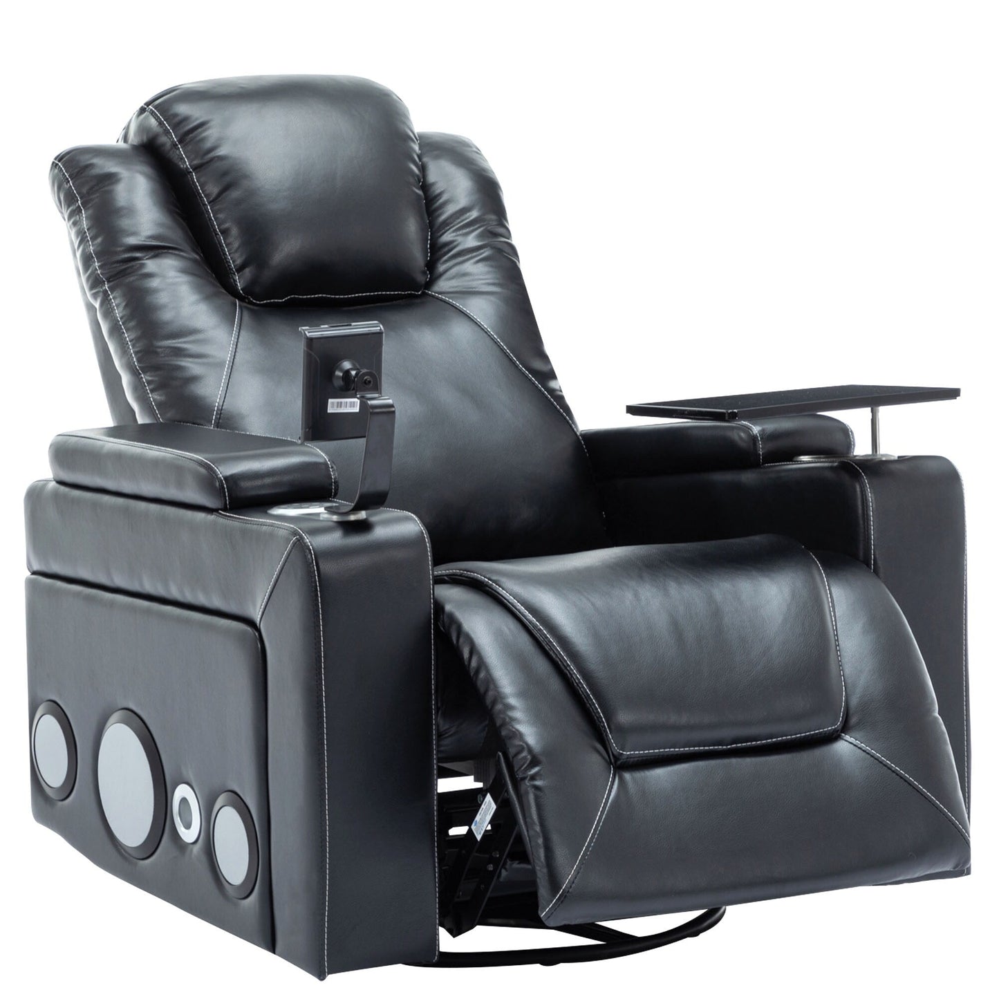 Roomfitters 270Â° Swivel PU Leather Power Recliner with Built-In Surround Sound, Removable Tray Table, Hidden Arm Storage