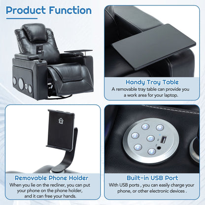 Roomfitters 270Â° Swivel PU Leather Power Recliner with Built-In Surround Sound, Removable Tray Table, Hidden Arm Storage