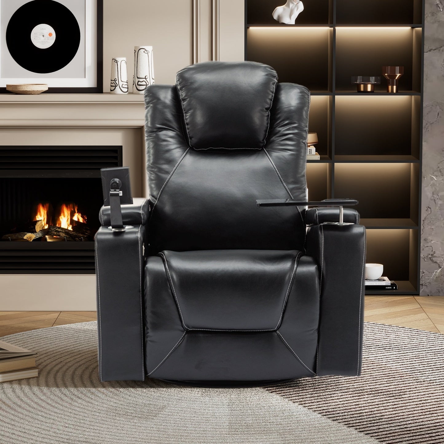 Roomfitters 270Â° Swivel PU Leather Power Recliner with Built-In Surround Sound, Removable Tray Table, Hidden Arm Storage