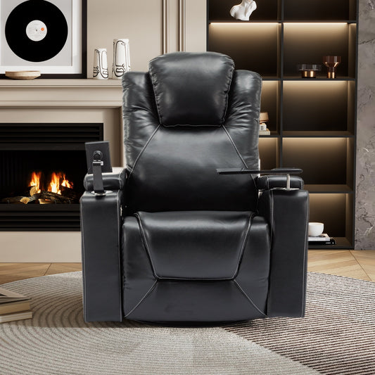 Roomfitters 270Â° Swivel PU Leather Power Recliner with Built-In Surround Sound, Removable Tray Table, Hidden Arm Storage