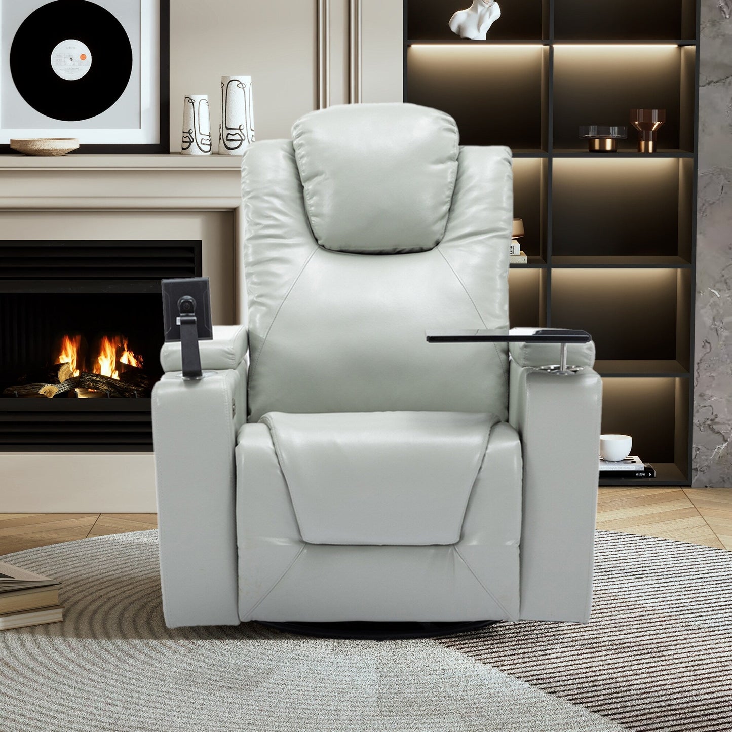 Roomfitters 270Â° Swivel PU Leather Power Recliner with Built-In Surround Sound, Removable Tray Table, Hidden Arm Storage