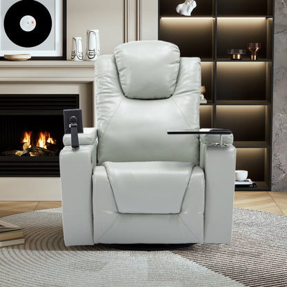 Roomfitters 270Â° Swivel PU Leather Power Recliner with Built-In Surround Sound, Removable Tray Table, Hidden Arm Storage