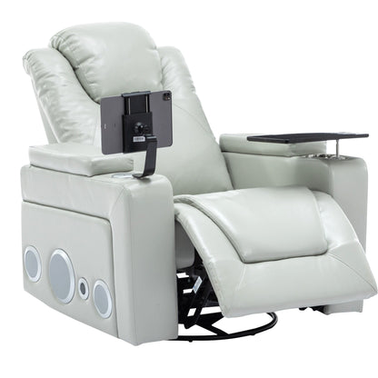 Roomfitters 270Â° Swivel PU Leather Power Recliner with Built-In Surround Sound, Removable Tray Table, Hidden Arm Storage