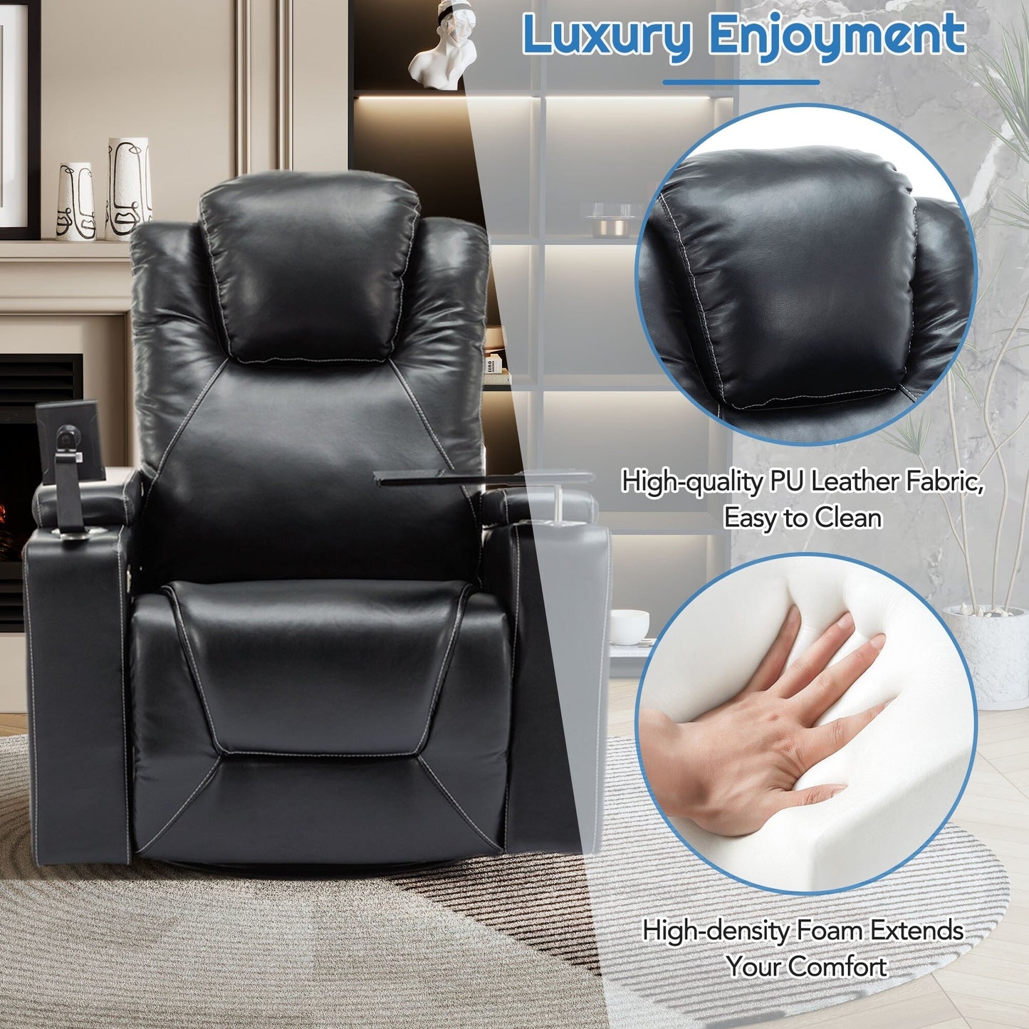 Roomfitters 270Â° Swivel PU Leather Power Recliner with Built-In Surround Sound, Removable Tray Table, Hidden Arm Storage