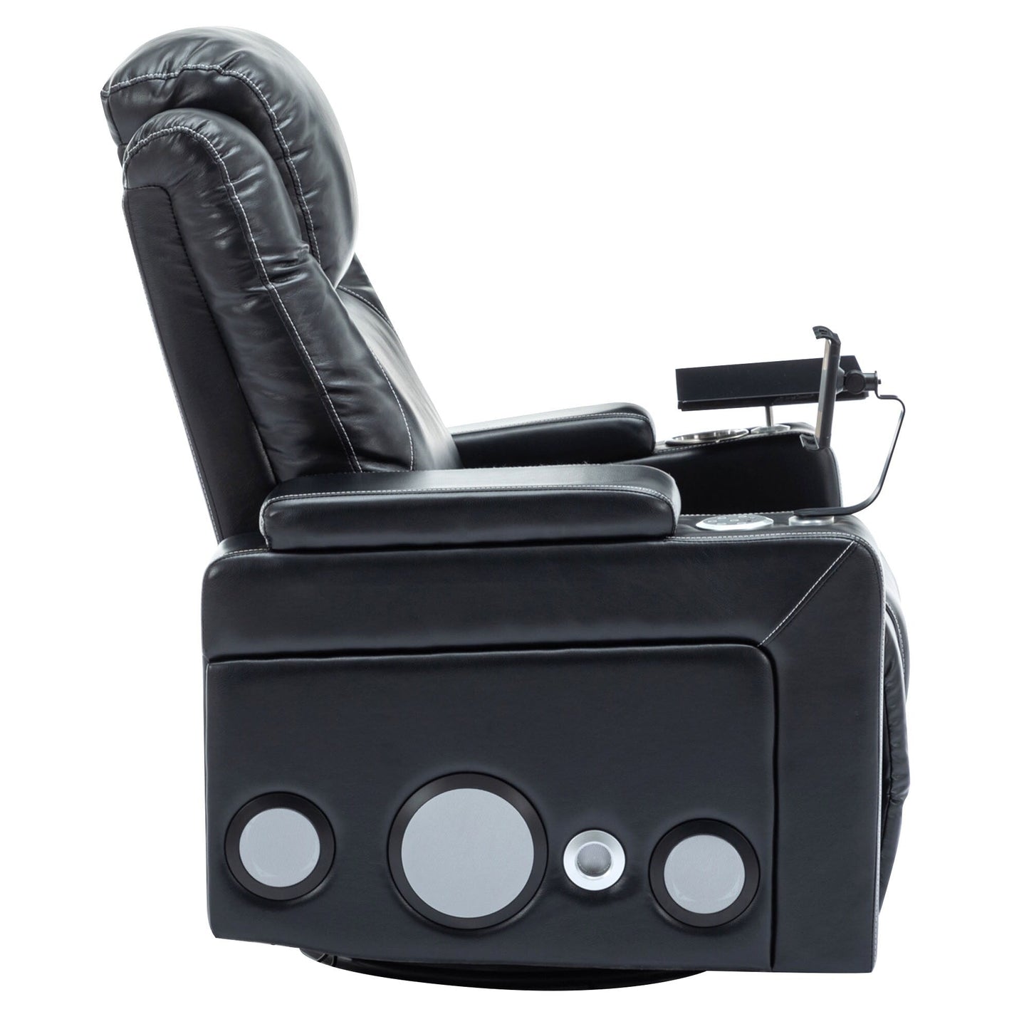 Roomfitters 270Â° Swivel PU Leather Power Recliner with Built-In Surround Sound, Removable Tray Table, Hidden Arm Storage