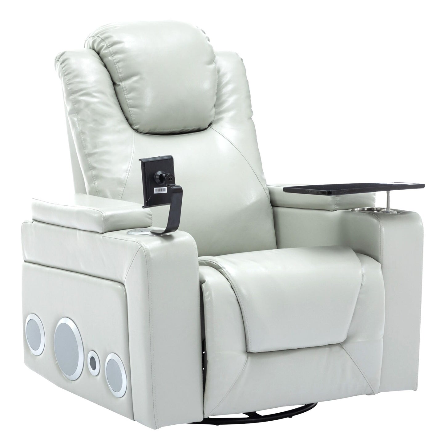 Roomfitters 270Â° Swivel PU Leather Power Recliner with Built-In Surround Sound, Removable Tray Table, Hidden Arm Storage