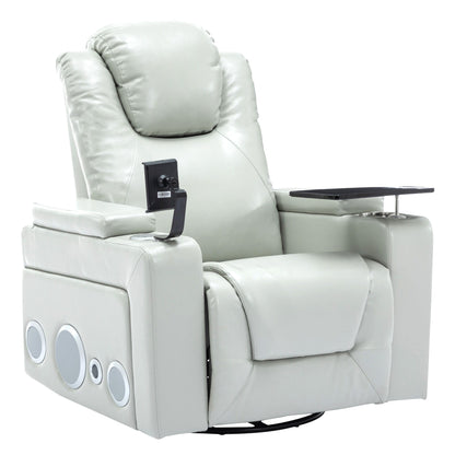 Roomfitters 270Â° Swivel PU Leather Power Recliner with Built-In Surround Sound, Removable Tray Table, Hidden Arm Storage