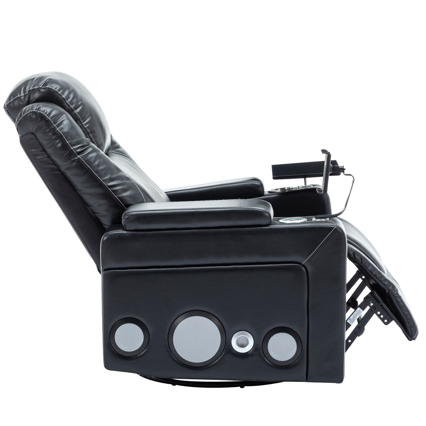 Roomfitters 270Â° Swivel PU Leather Power Recliner with Built-In Surround Sound, Removable Tray Table, Hidden Arm Storage