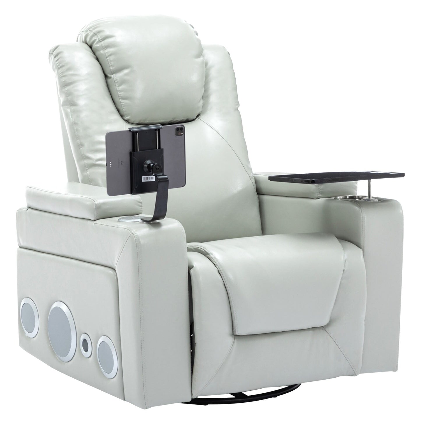 Roomfitters 270Â° Swivel PU Leather Power Recliner with Built-In Surround Sound, Removable Tray Table, Hidden Arm Storage