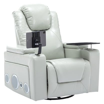 Roomfitters 270Â° Swivel PU Leather Power Recliner with Built-In Surround Sound, Removable Tray Table, Hidden Arm Storage